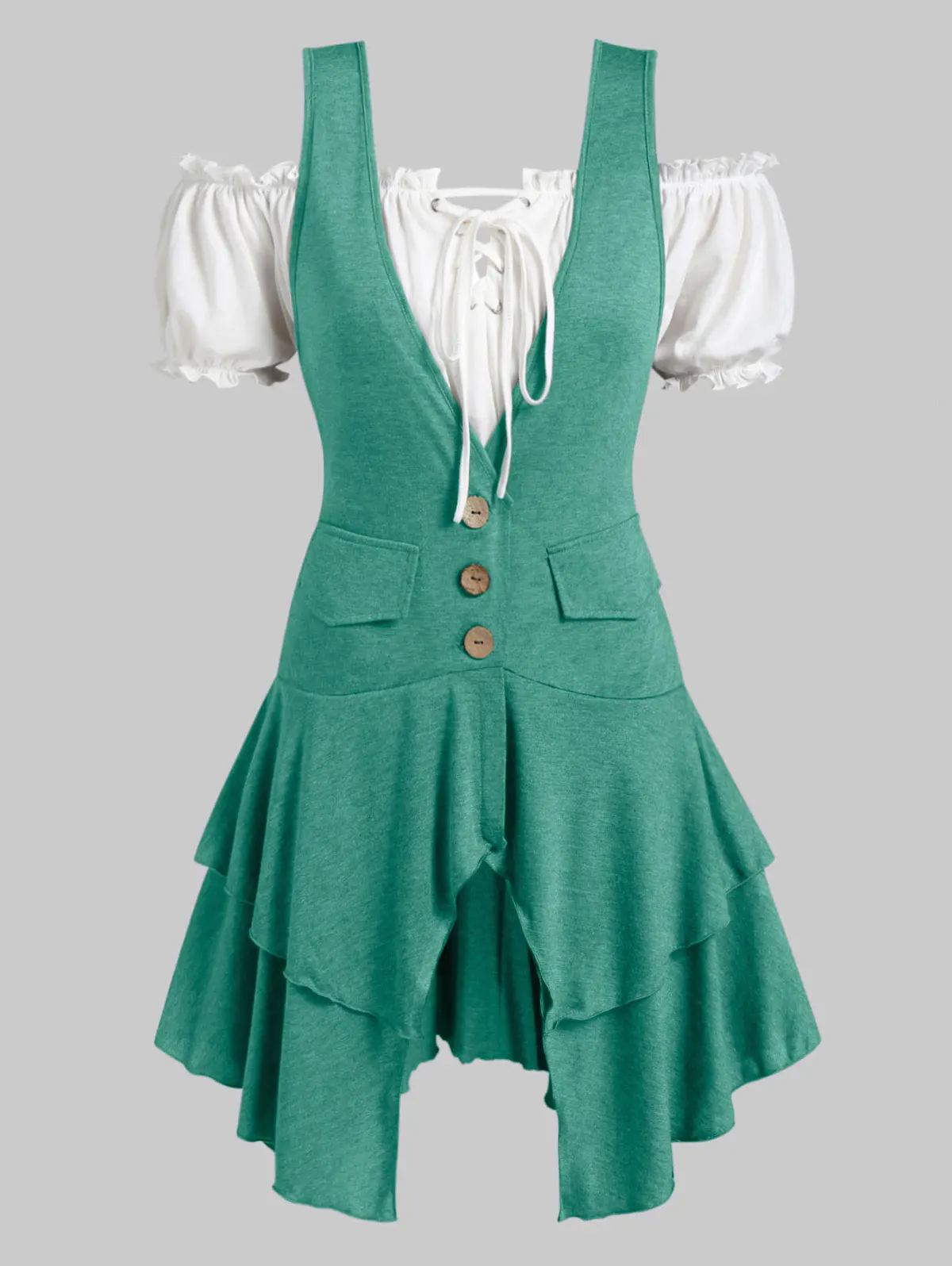 ROSEGAL размера плюс блузка с открытыми плечами и многослойная майка с глубоким вырезом, комплект с оборками, кружевная длинная рубашка, топ с коротким рукавом из двух частей - Цвет: Dark Turquoise