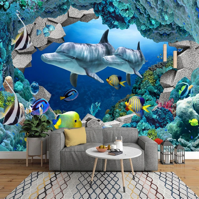Mural 3D de pared Delfines en fondo marino Mundo submarino MURALES 3D DE PARED