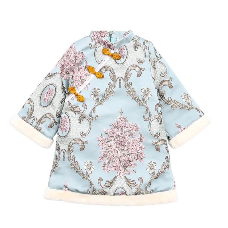 Платье для маленьких девочек зимнее Теплое повседневное платье с длинными рукавами и цветочным узором Ципао детское платье принцессы