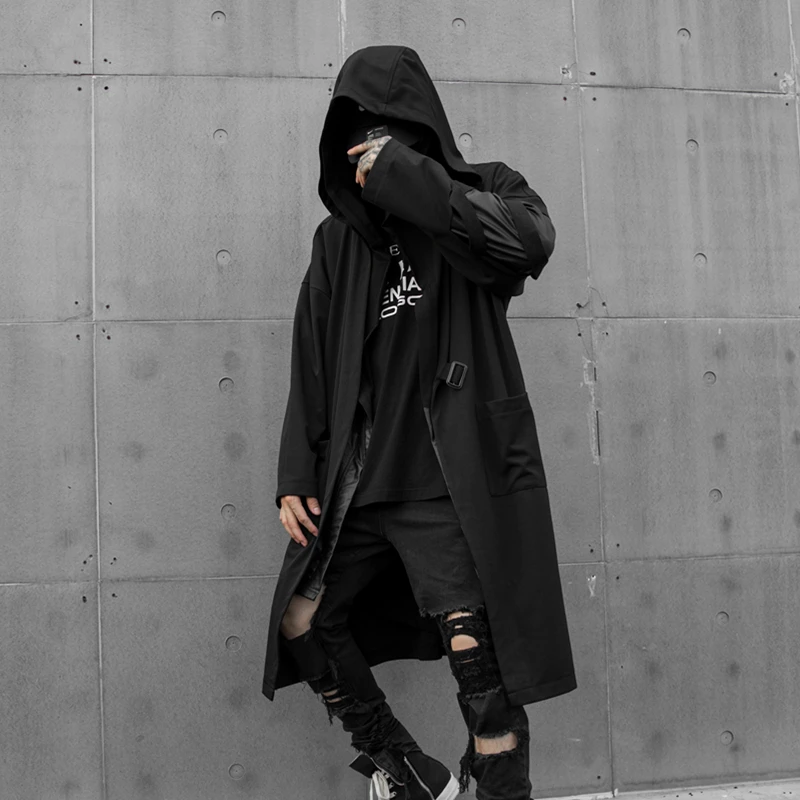 

Autumn Spring Mens long hooded trench coat Loose Black Hip pop Rock punk coat