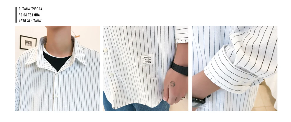 2019 Hong style Мужская летняя полосатая рубашка в Корейском стиле с отворотом для студентов свободная Молодежная длинная рубашка camisas