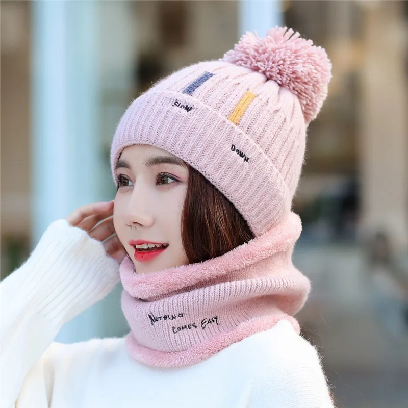 Прямая, комплект из 2 предметов для девочек, женские шапки Skullies Beanies, шапка с воротником, комплект для женщин, зимняя теплая вязаная шапка и шарф