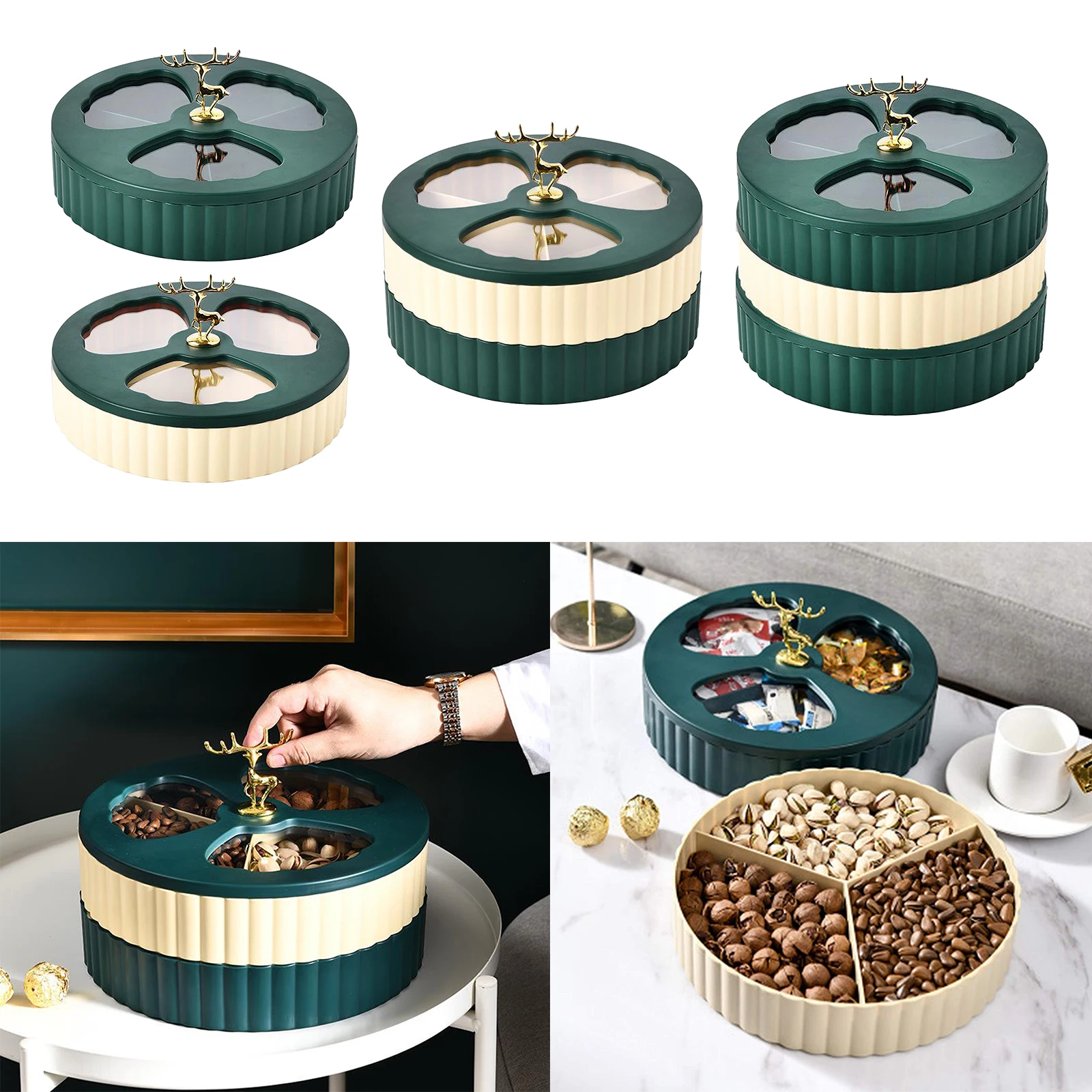 Rotating Snack Platter​ 3 Sectional Candy Food Storage Box Organizer Nut 