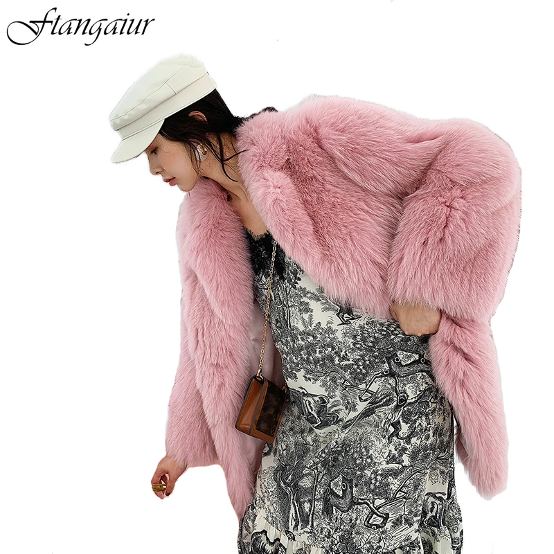 

Ftangaiur New Winter Import Fox Fur Coat Warm Pink Color Fox Coats Turn-Down Collar Medium Natural Fur Slim Fox Fur Coats