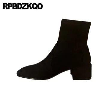 

Chunky High Heel Suede Fall Slip On Black Shoes Ladies Short Thick Fur Ankle Autumn Block Square Toe Women Boots Winter 2019