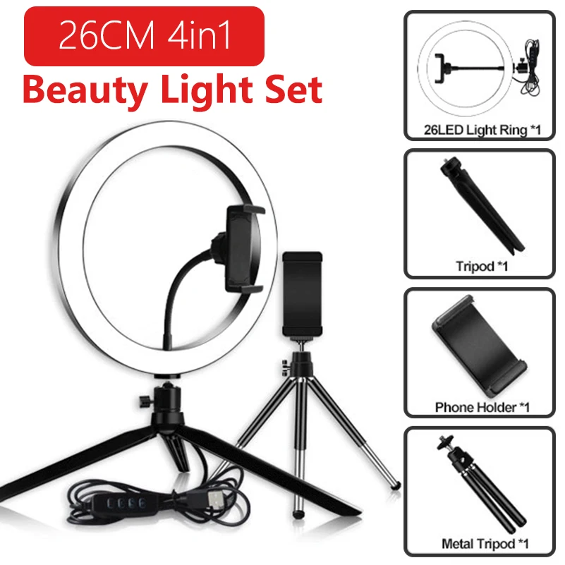 

10 inch Desktop Ring Light with 2 Tripod Phone Holder Stand LED Selfie Ring Light For Makeup Video Live Studio Photography Light