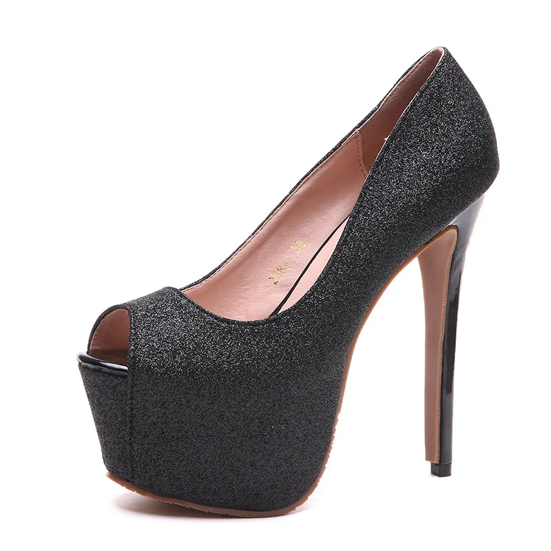 

Women Shoes Autumn Crystal Fish Mouth Platform Women Pumps Sequins High Heels 15cm Shoes Peep Toe Shallow Female Shoes Women