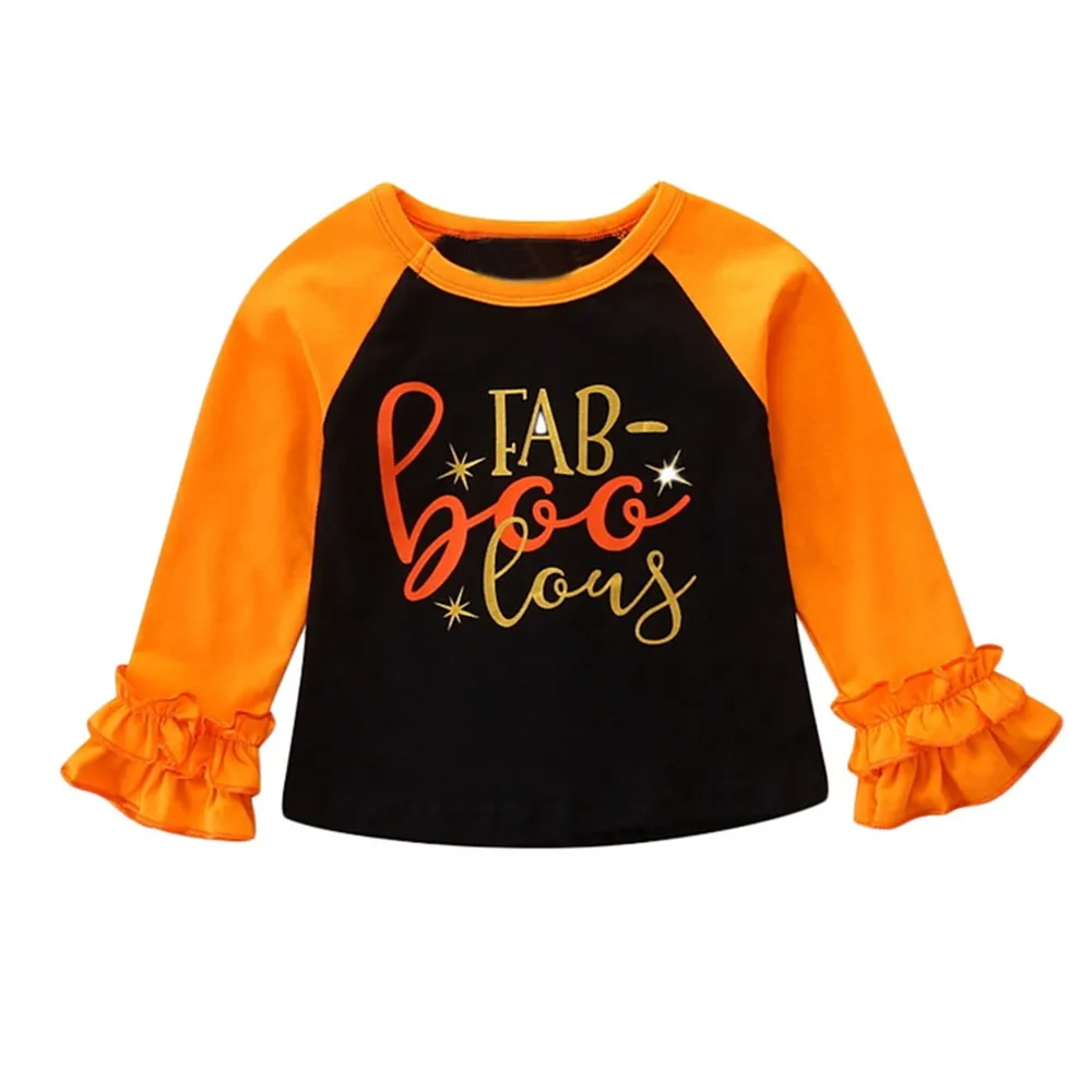 Новая детская футболка для девочек на Хэллоуин с рисунком тыквы топы с оборками, одежда с длинными рукавами, 9,10