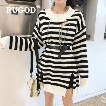 

RUGOD new autumn women's sweater pull o neck stripe pattern hole split loose knitted pullovers fashion female sexy long tops