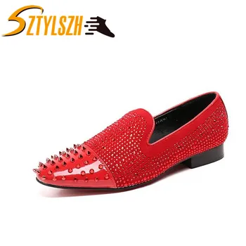 

Men's Genuine Leather Loafers Fashion Casual Shoes Men Rhinestone Driving Shoes Man Flats Dress Rivets Wedding Shoes Moccasins