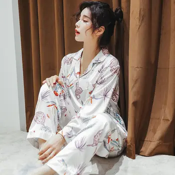 

Silk pajama women spring summer long sleeve two sets of satin chiffon ice silk large size middle-aged Korean version home servic