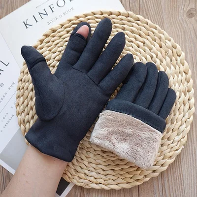 men blue black Осенне-зимние мужские и женские парные модели плюс бархатные перчатки без пальцев с сенсорным экраном толстые теплые замшевые перчатки - Цвет: men blue black
