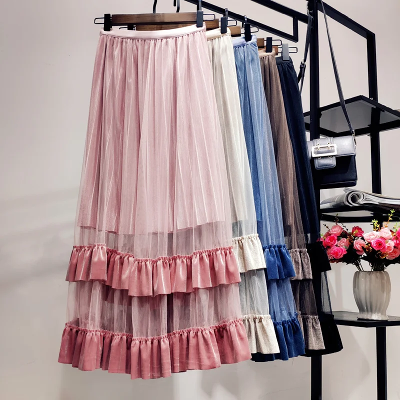 

Spring Women Velvet Skirt Female Velour Stitching Mesh Pleated Skirt Ladies Fashion Ruffles Double Deck Middle Skirt