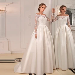 Princess Satin Wedding Dress For Bride With Long Sleeves Applique Off Shoulder Vintage Bridal Gown Button Back Plus Size Vestido