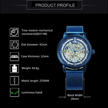 Winner official fashion casual men mechanical watch blue mesh strap ultra thin skeleton mens watches top brand luxury clock 2019