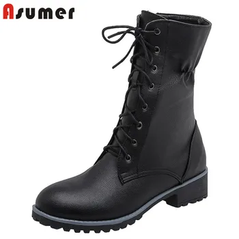 

ASUMER 2020 new fashion ankle boots women pu round toe lace up autumn winter short boots low heel punk casual shoes ladies