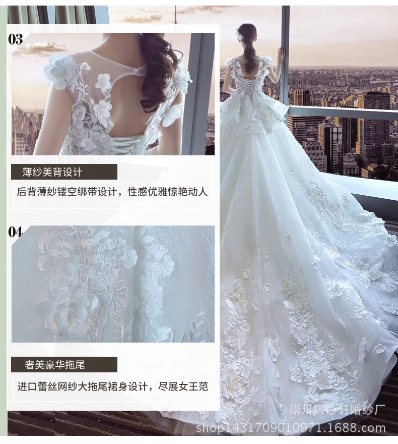 Vestidos de noiva, бальное платье принцессы с круглым вырезом, свадебное платье с кружевной аппликацией и длинным шлейфом, роскошное платье невесты, сексуальное платье с открытой спиной