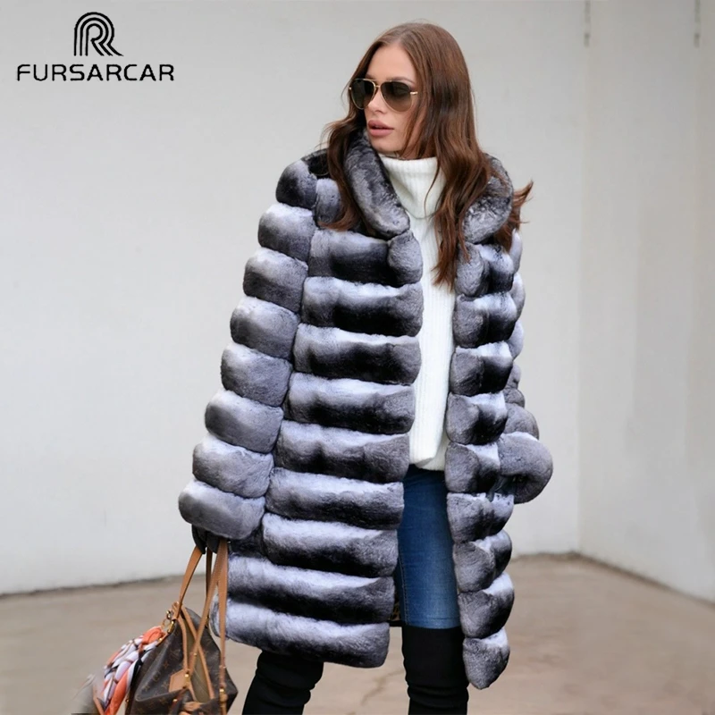 FURSARCAR, роскошная зимняя меховая женская шуба из кролика Рекс, высокое качество, теплая Толстая натуральная куртка с мехом кролика рекс с меховым воротником