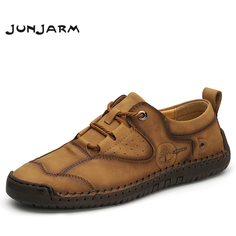 

JUNJARM Handmade Casual Leather Shoes Men Soft Leather Loafers Men Shoes Breathable Flats Shoes Hot Sale Moccasins Size 38-47