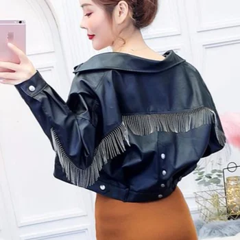 

Autumn Jacket Woman New Fashion Loose Thin Back Tassel Motorcycle Leather Jacket Women Black Pu Jacket Female Jacket With Tassel