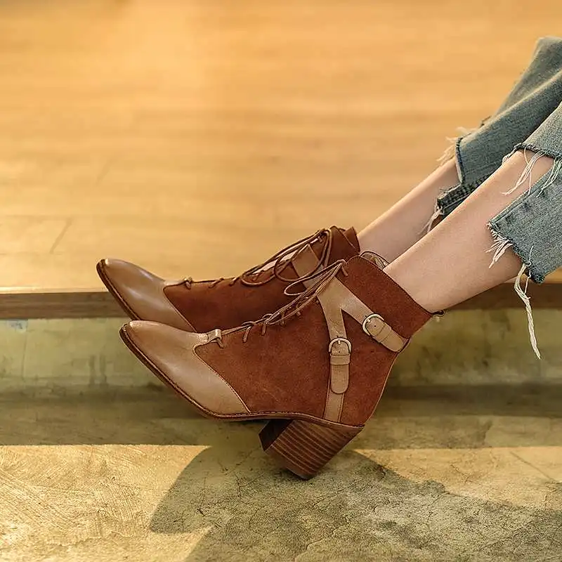 krazing pot sheep leather cow suede lace up thick high heels carving round toe career belt buckle keep warm mid-calf boots l77