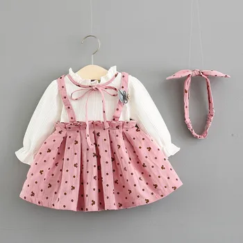 

Baby Girl Dress Cotton Print Bow Baby Princess Dress With Baby Headbands Clothes Set Birthday Party Dress Infant Toddler Clothes