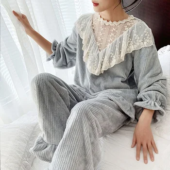 

New Women's Lolita Striped Velvet Pajama Sets.Striped Lace Tops+Long Pants.Vintage Ruffle Pyjamas Set.Warm Sleepwear Loungewear