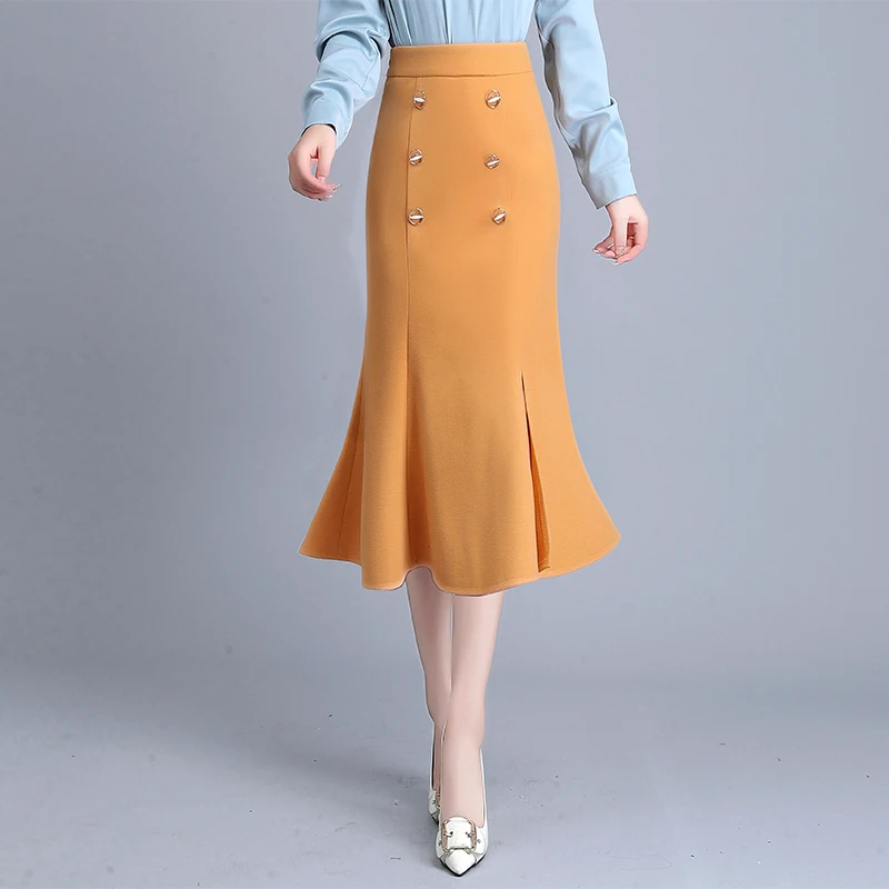 

Fashion Button Autumn Winter Women Midi Skirt Office Lady Ruffled High Waist Skirt Work 3527LY
