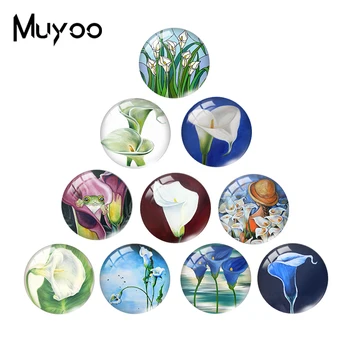 

2020 New White Calla Lily Glass Dome Cabochon Round Photo Glass Flower Art Painting Jewelry 16mm 20mm 25mm