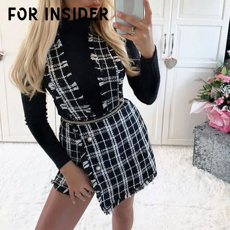 

For Insider Tweed plaid fringe tassel skirt shorts Women casual skinny high waist shorts Autumn zipper asymmetrical overalls