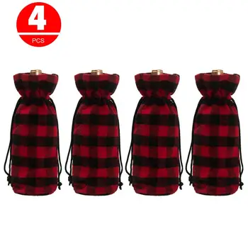 

4PCS Christmas Wine Bottle Cover Dining Table Wine Bottle Decoration Black And Red Plaid Wine Bottle Cover Christmas Wine Bag