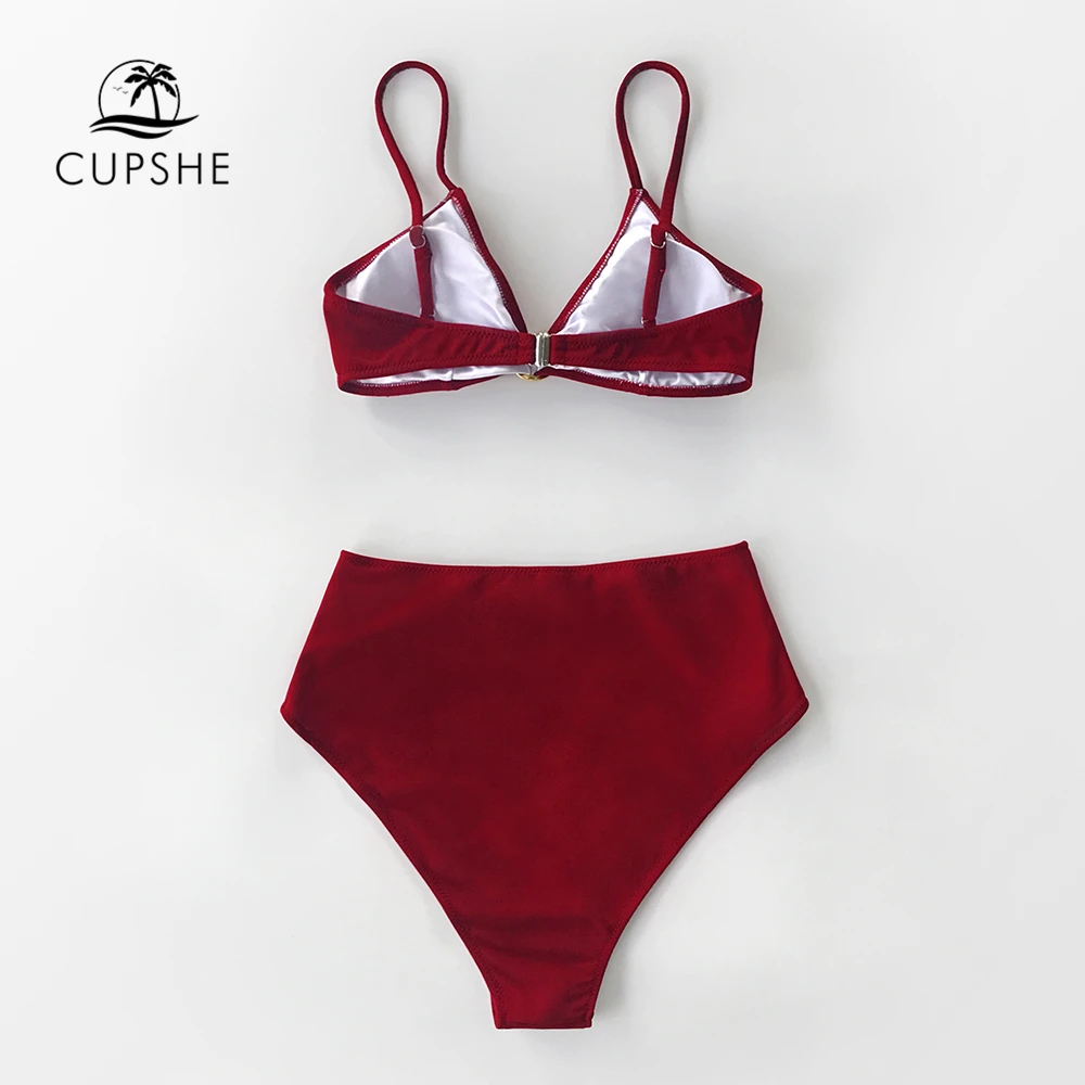 CUPSHE, Одноцветный, глубокий красный, с высокой талией, бикини, наборы, сексуальный купальник с кольцом, две части, купальник для женщин,, пляжные купальники