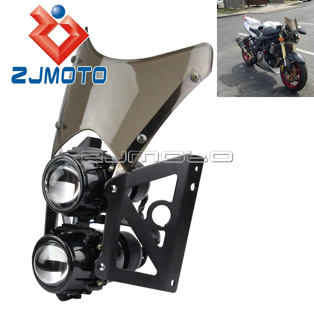 Motorcycle Wind Screen ABS Plastic Twin Headlight Black Bracket Motorcycle Streetfighter Projector Dual Sport Headlight