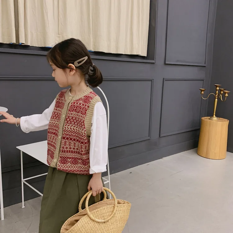 Tckids детская одежда, настраиваемый 19 весенний классический универсальный вязаный жилет с декоративным узором в стиле ретро, пряжа в Северном европейском стиле