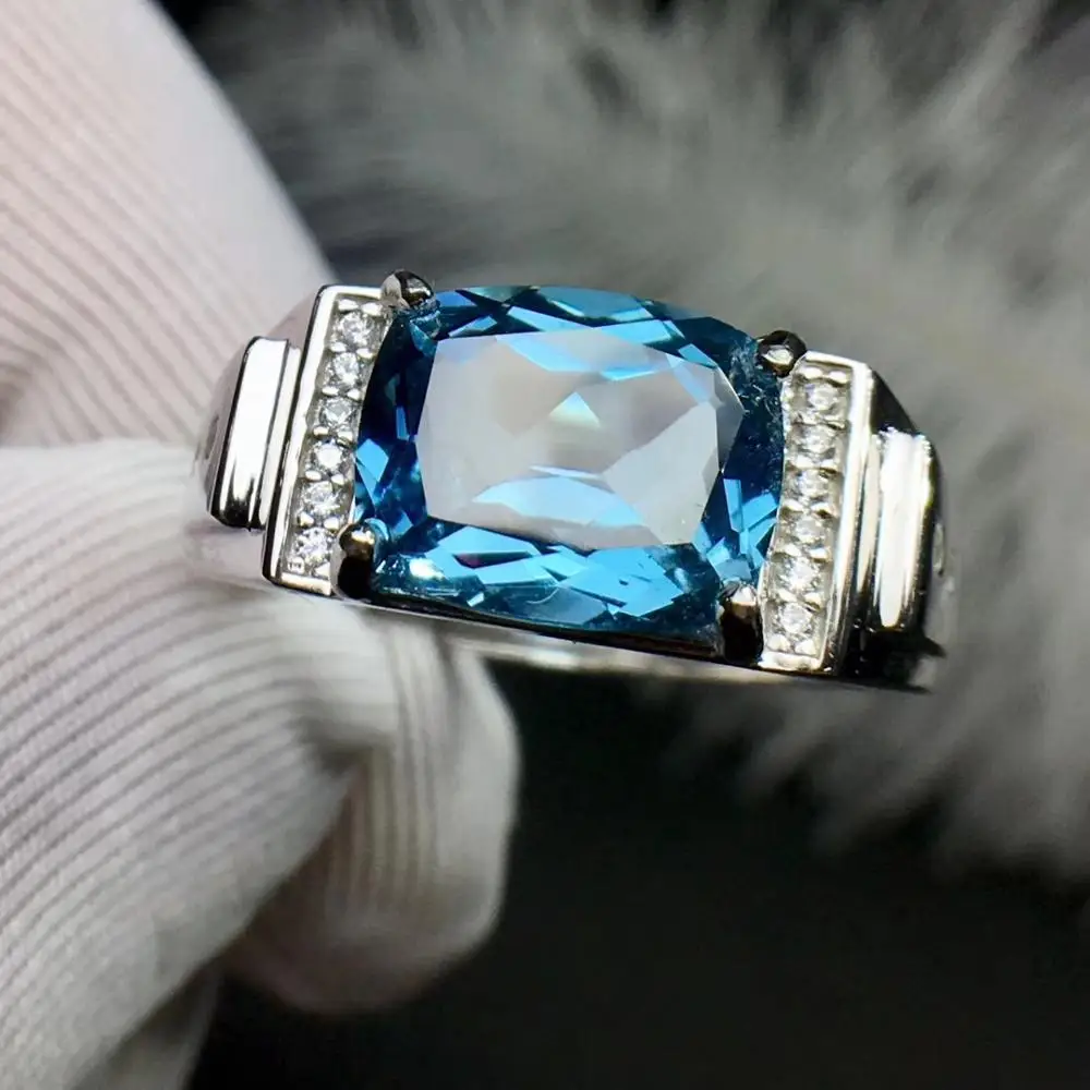 

Top Natural Blue Topaz Gemstone Women Men Faceted Adjustable Size Ring Cut Clear Bead 10x8mm Healing Stone Certificate AAAAA