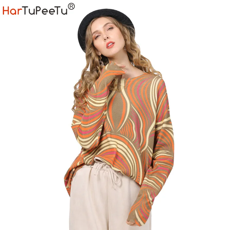 

Autumn Sweater Women Plus Size Pullover Knit Sweater Abstract Geometric Print Jumper Tops Batwing Long Sleeve Loose Homewear