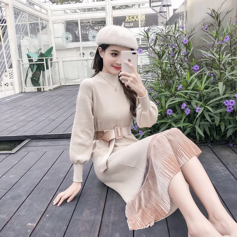 Blulocae, осенне-зимнее женское платье в Корейском стиле, лоскутное, для отдыха, для девушек, с длинным рукавом, водолазка, вязаное, офисное платье с поясом