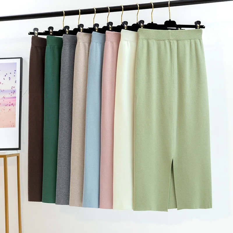 

2019 Autumn Winter Fashion Women High Waist Bodycon Skirt Office Lady Package Hip Wear Skirt Solid Color Long Knitted Skirt Z158