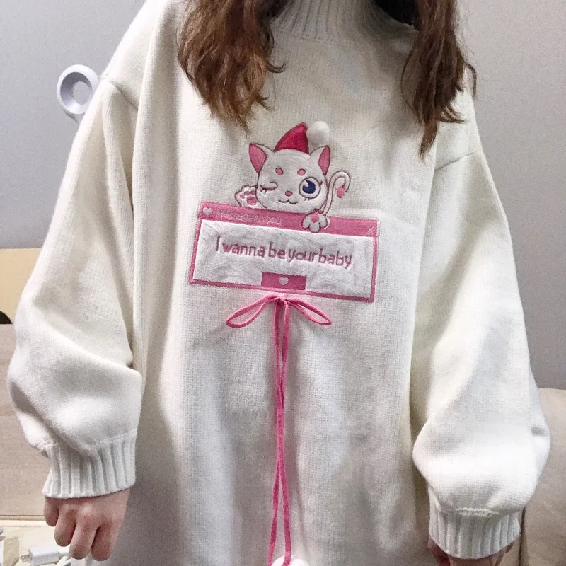 Зимнее женское белое платье-свитер в стиле Лолиты с вышивкой японского кота Kawaii, вязаные платья, винтажное рождественское платье с длинным рукавом