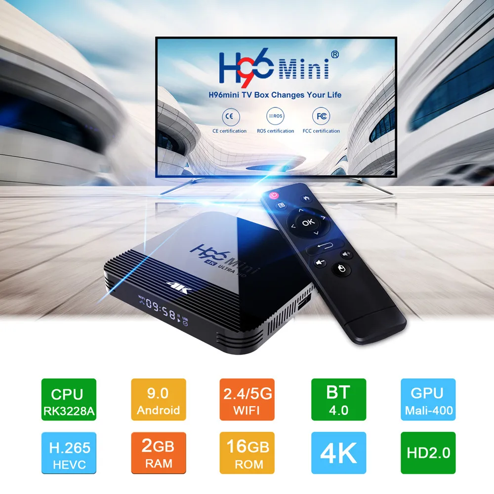 Смарт ТВ приставка Android 9,0 H96 Mini H8 RK3228A 5G Wifi H.265 4K Netflix 3D медиаплеер четырехъядерный Bluetooth 4,0 Android ТВ приставка