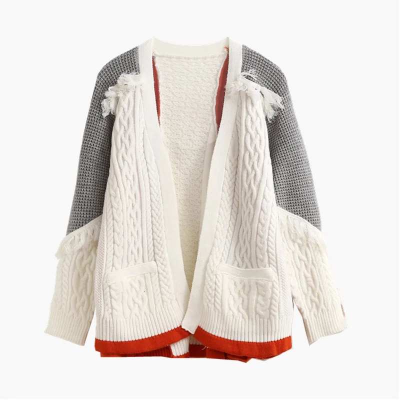 

[EWQ] 2019 Spring Autumn High Quality V-collar Hit Colors Knitting Open Stitch Loose Sweater Women Fashin Tide AH46102