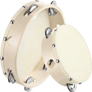 

2 Pieces(6 Inch and 8 Inch) Wood Handheld Tambourine with Jingle Bells