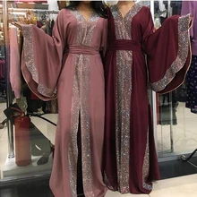 Новое модное элегантное мусульманское платье, платье с блестками, винтажное, свободное, однотонное, с широкими расклешенными рукавами, длина до пола, натуральная одежда с v-образным вырезом
