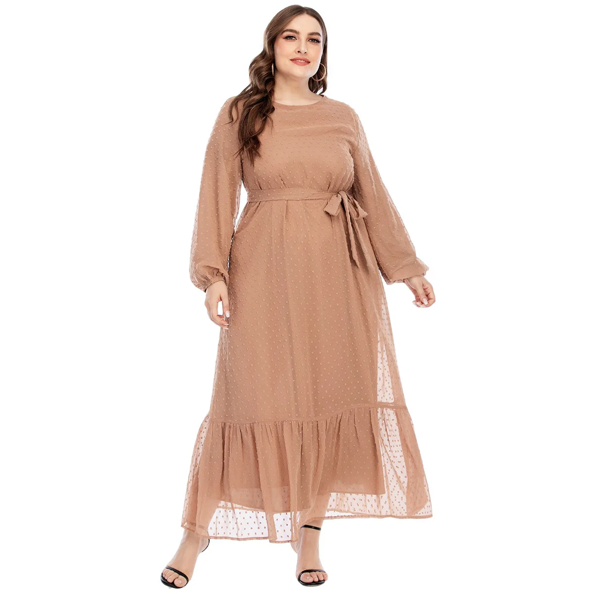 

Long Maxi Dress Women Dot Stitching Long Sleeve High Waist Elegant Long Sleeve Party Dresses Casual Robes TA6294