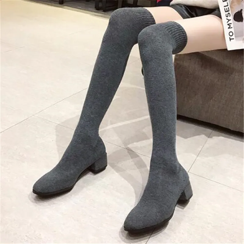 

Women Over The Knee Sock Boots Fashion Spring Autumn Stretch Long Boots Chunky High Heels Pointed Toe Women Shoes Black Gray 40