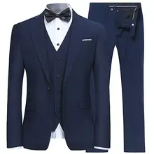 Синий мужской Slim Fit 3 шт костюм одна кнопка Блейзер жилет под смокинг и брюки