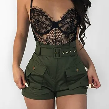 

Women Summer Casual Army Green Shorts High Waist Short Trousers With Belt