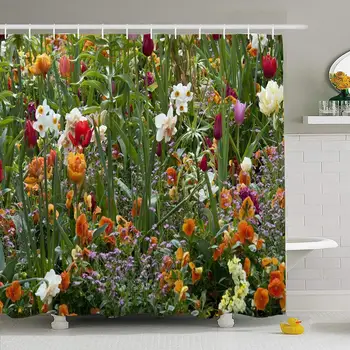 

Shower Curtain Set with Hooks 66x72 Mixed Colored Flower Festival Field Nature Parks Yellow United Red Flora indoor Colorful