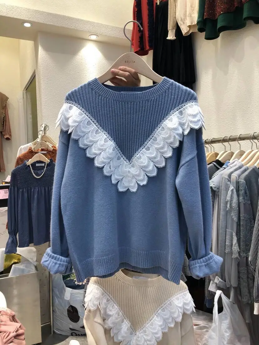 

2019 Autumn Sweater Women's Korean Version Round Collar Stitched Lace Fashion Women Sweater