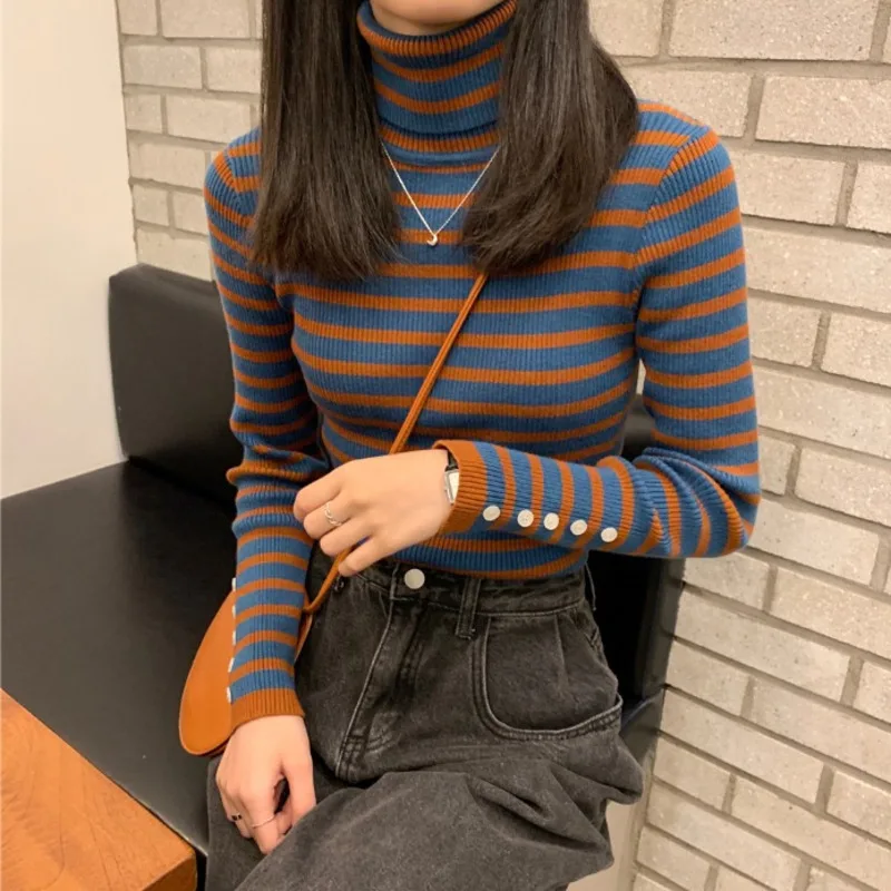 

PEONFLY Fashion Striped Printed Sweater Women Korean Style Turtleneck Knitted Pullovers Sweater Casual Long Sleeve Casual Jumper